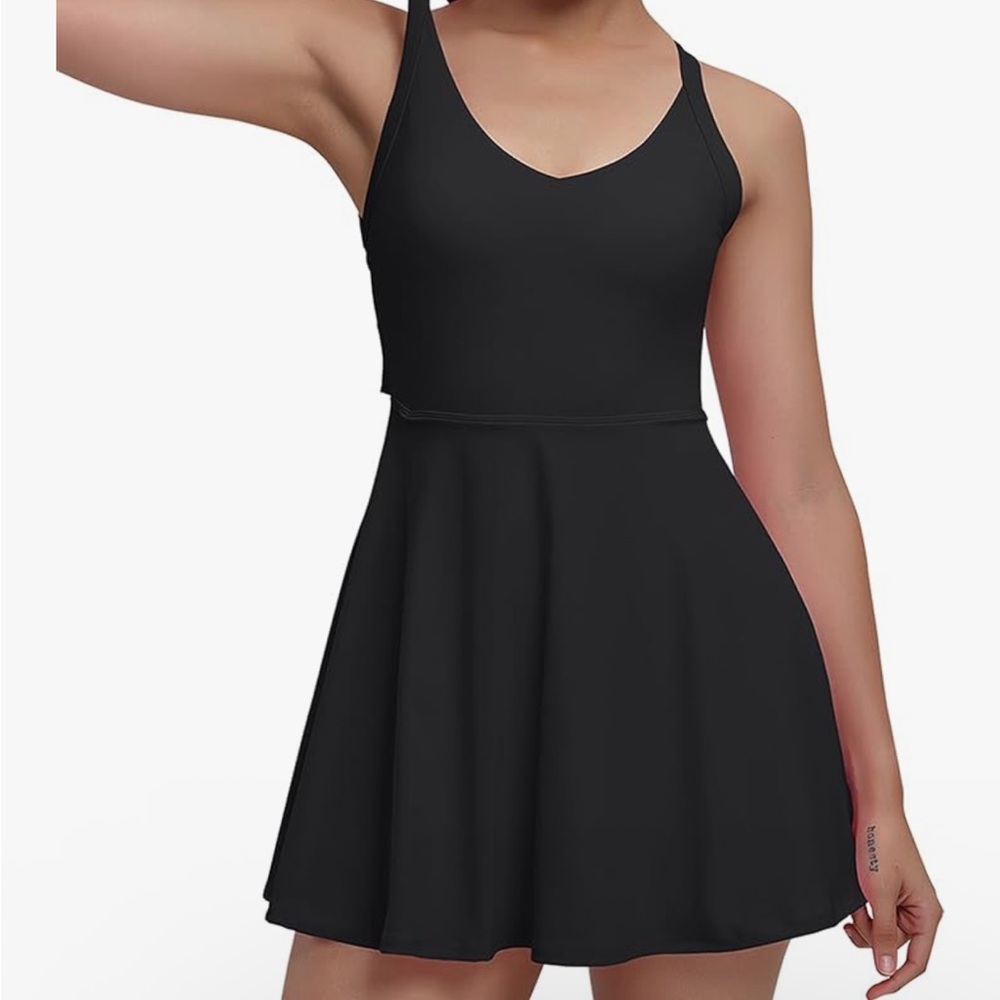 Halara Inspired Black Sports Dress with Shorts Built in bra Easy Pee Backless